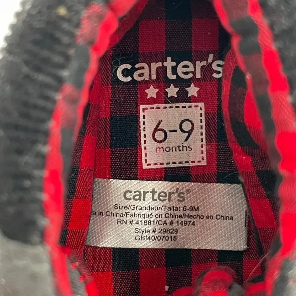 Carter’s Baby Boots Grey Moccasin Red Buffalo Check Plaid Lining Shoes Size 6-9m